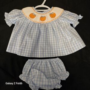 Stitchy Fish Baby Pumpkin Smocked Gingham Set 3M Fall Outfit Blue Check Cotton